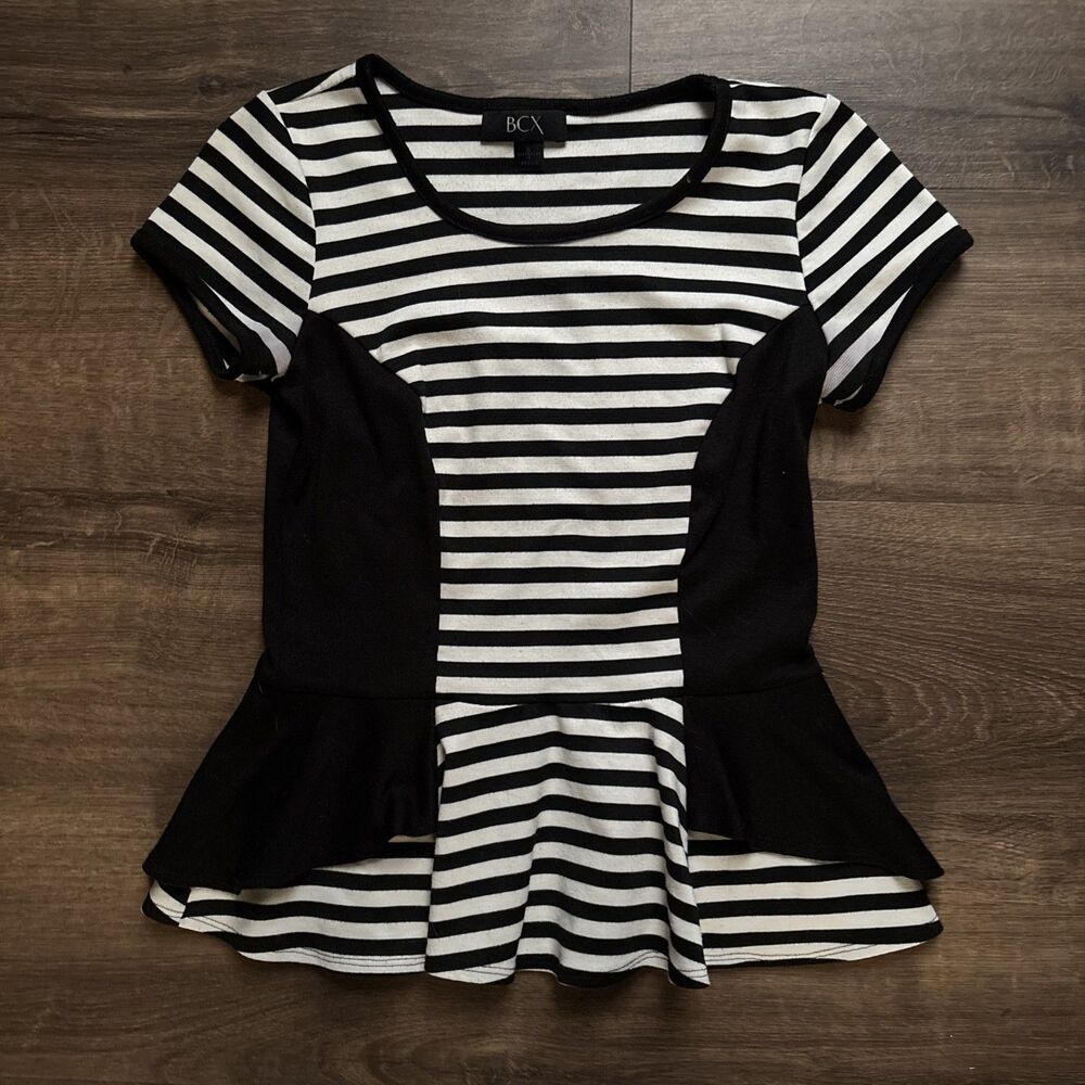 BCX Women’s Black White Striped Scoop Neck Short Sleeve Peplum Ruffle Top Size S